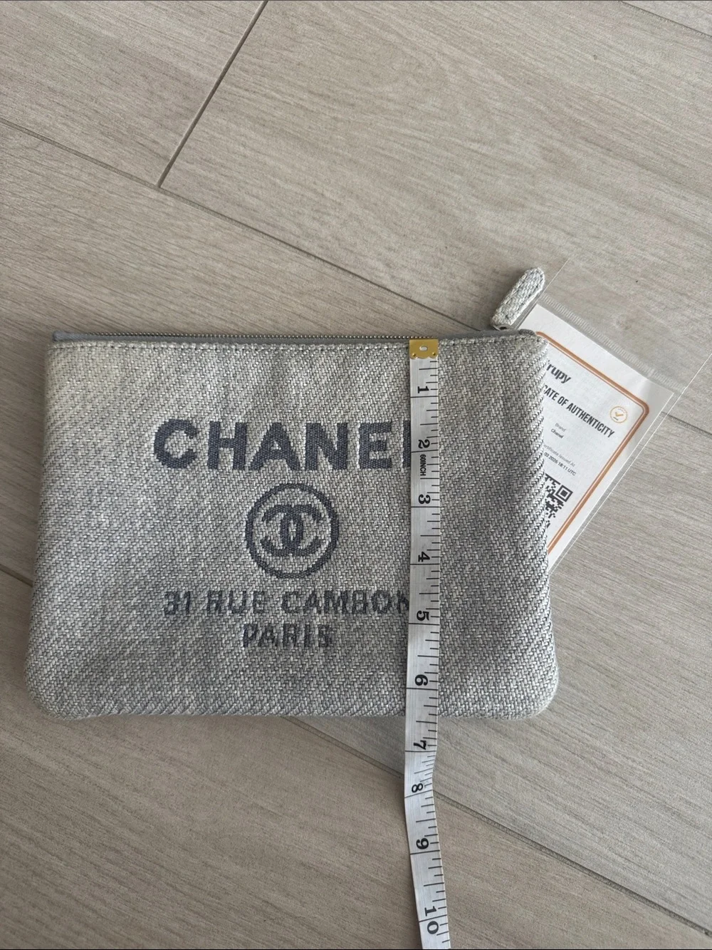 CHANEL Gray Deauville Canvas Zip Pouch with Logo Print